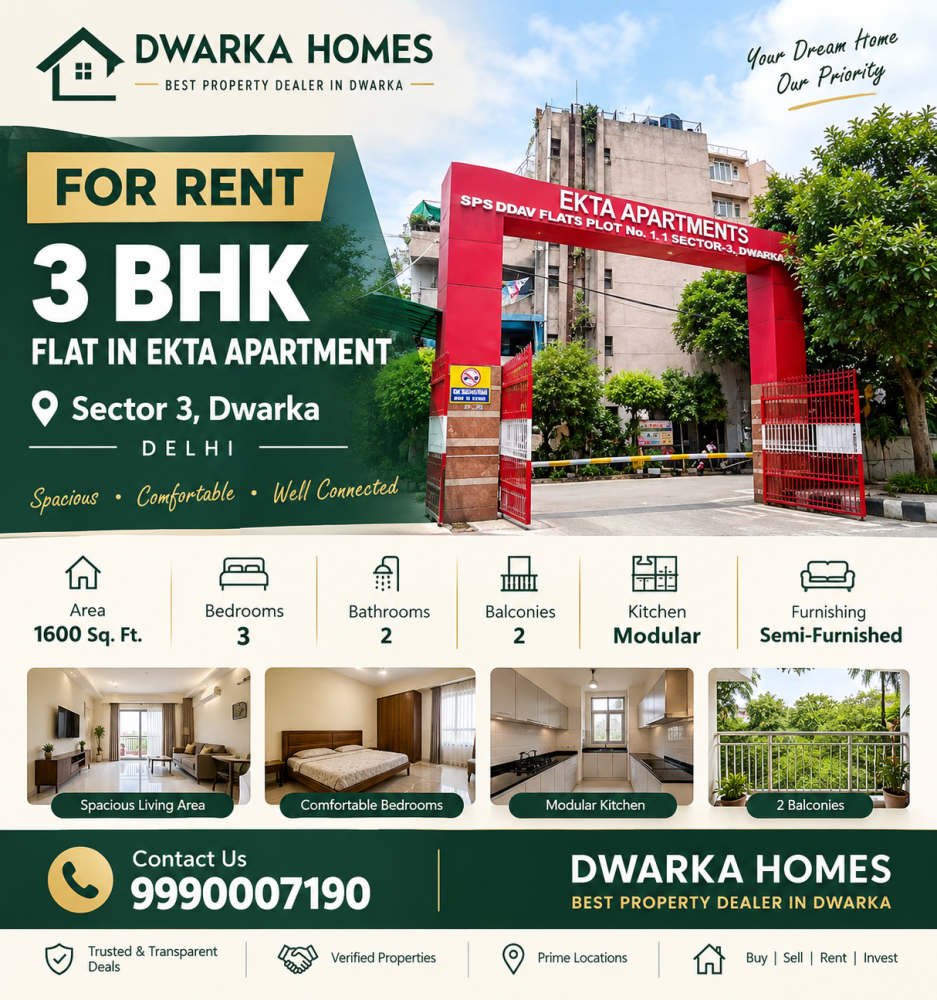 3 bhk flat for rent Ekta Apartment Dwarka Sector 3 